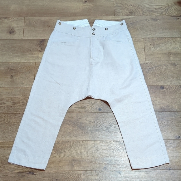 Burning Torch Drop Crotch  Cotton Linen Trouser in Oatmeal Beige S - Picture 3 of 10